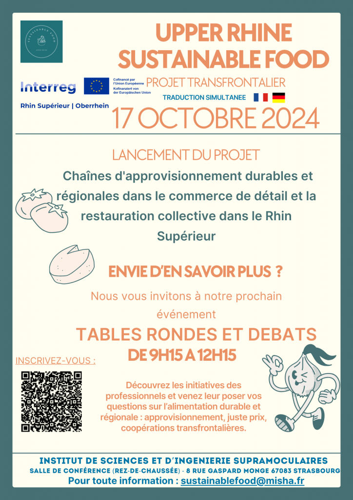 Invitation au lancement du projet "Upper Rhine sustainable food" pour des chaînes d'approvisionnement durables et régionales dans le commerce de détail et la restauration collective dans le Rhin Supérieur. Le 17 octobre 2024 à Strasbourg.